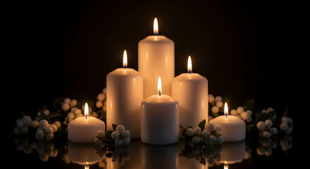 Softly glowing white candles in a serene dark setting