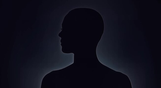 Silhouette of a person's profile turning slowly left against a dark gradient background with subtle glowing outline, representing anonymity, mystery