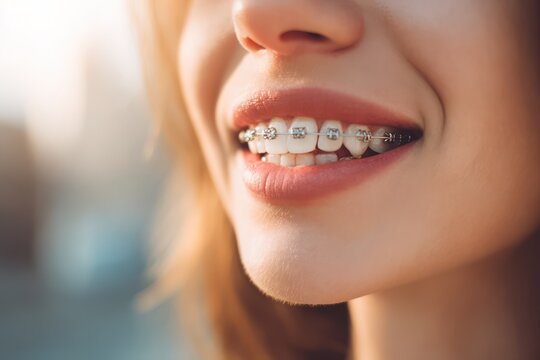 Patient smile revealing orthodontic dental braces
