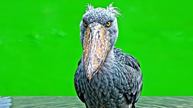 Close-up shot of a shoebill stork with a large beak and intense yellow eyes, standing against a vibrant green screen background.