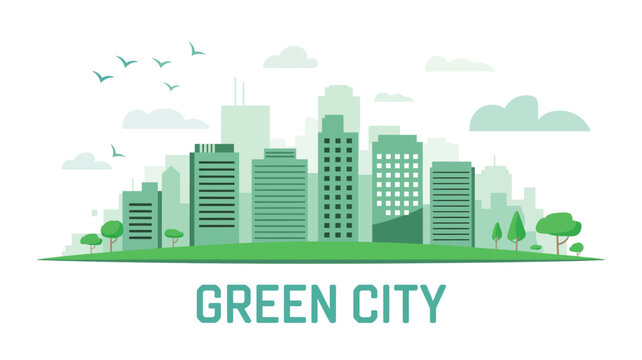 Green city skyline with trees birds and clouds flat urban nature
