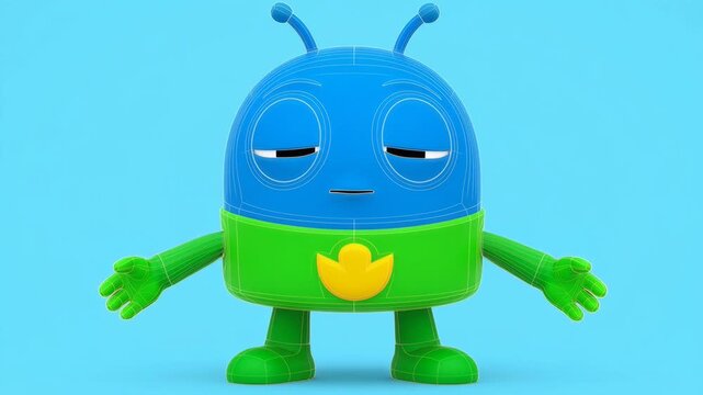 3d animated alien character presentation showing no expression with wireframe render on a light blue background for kids