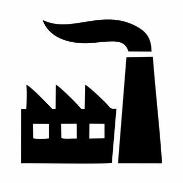 Industrial factory plant icon with chimney and smoke symbol for manufacturing industry