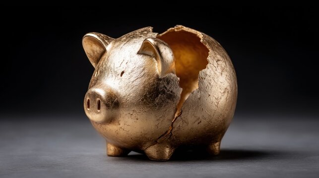 Broken golden piggy bank symbolizing financial crisis and economic loss