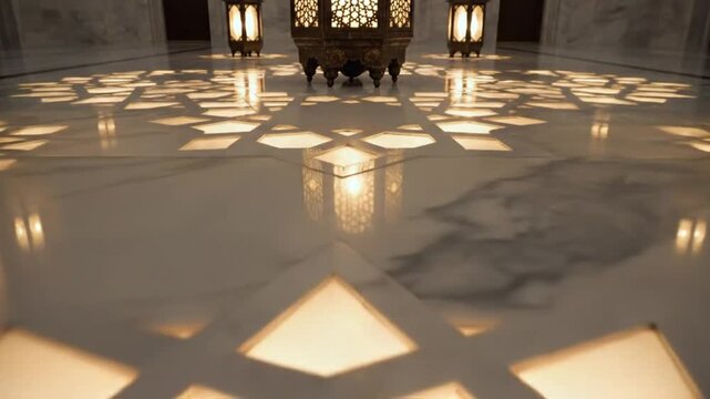 Ornate chair in a marble hall with intricate floor patterns and soft lighting