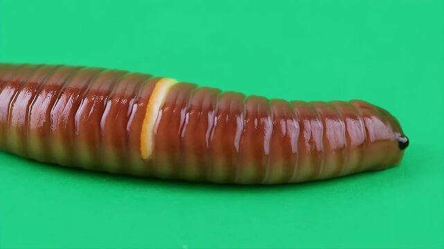 Earthworm Closeup Moving Against Vivid Green Background