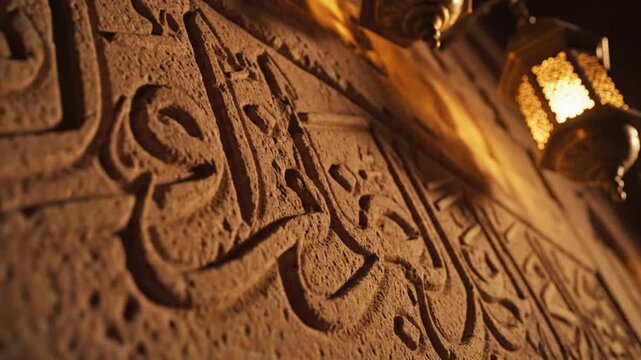 Intricate Arabic calligraphy adorns a stone wall illuminated by a hanging lantern in a warm, golden light.