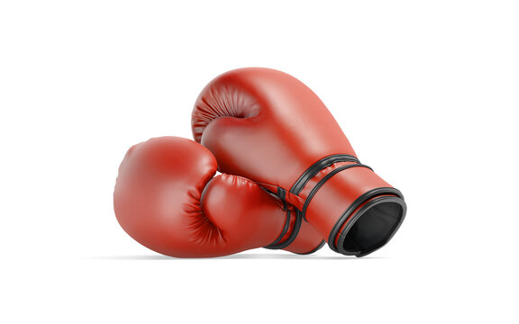 Blank red boxing gloves pair mockup png, transparent background 3d rendering. Empty professional sporting goods for kickboxing sparring mock up cut out. Clear boxer fighting uniform for hand template.