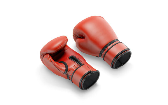 Blank red boxing gloves mockup png, front and back, transparent background, 3d rendering. Empty leather fighting equipment uniform for box mock up cut out. Clear sporting goods for ring template.
