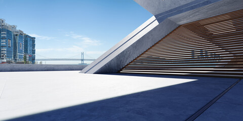 3d render concrete architecture with gwangan bridge and city skyline