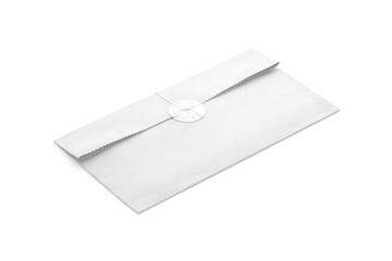 Blank white rectangle paper bag with sticker mockup png, transparent background, 3d rendering. Empty folded mail packaging with label mock up cut out. Clear protection delivery for letter or gift.
