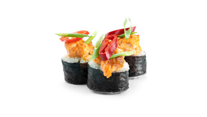 Sushi rolls with hot chili pepper on a white background. Spicy rolls. High quality photo