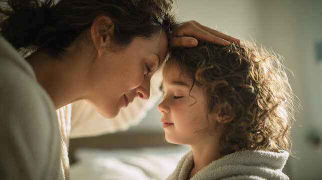 loving mother touching son's forehead in sunlit bedroom, caring mom checking child for fever at home, gentle parent comforting sick boy in bright morning light