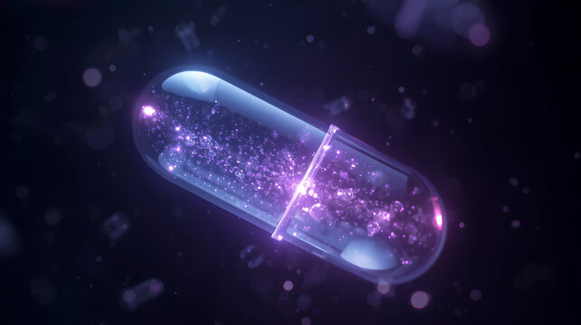 Transparent medical capsule with purple glowing particles and energy for advanced healthcare and pharmacology.
