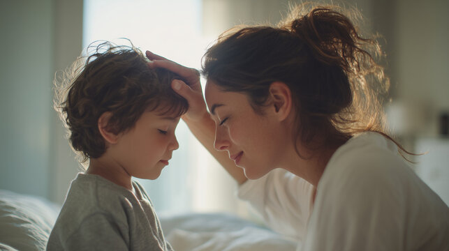 loving mother touching son's forehead in sunlit bedroom, caring mom checking child for fever at home, gentle parent comforting sick boy in bright morning light