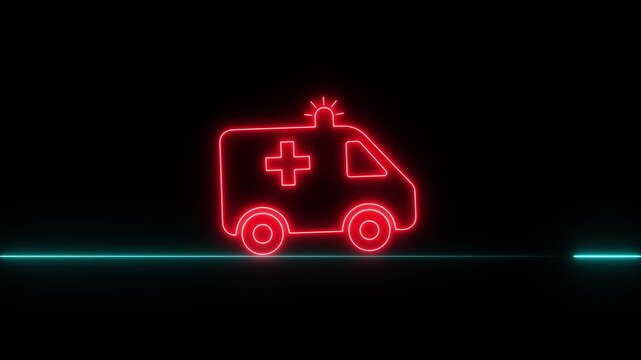 Neon Glowing Colorful transport on way road ambulance icon animation. Ambulance emergency service. Medical rescue service video footage.