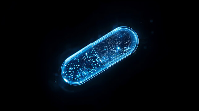 Glowing blue pharmaceutical capsule pill with digital particles representing biotechnology and advanced medical drug research.