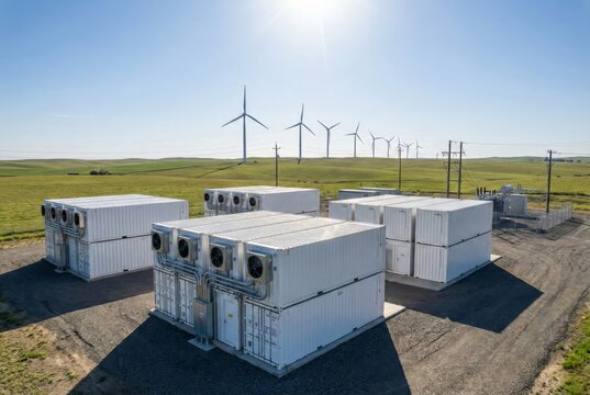 Aerial view of BESS facility connected to rural power grid under bright clear sky
