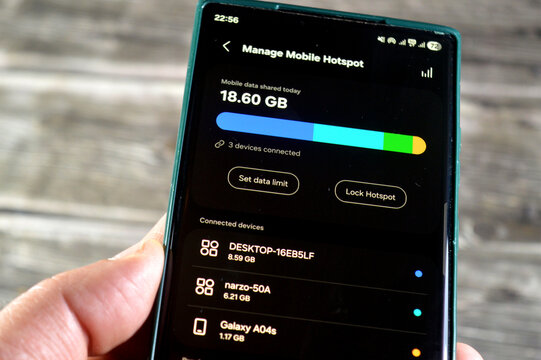 Cairo, Egypt, February 24 2026: the mobile hotspot management screen on a smartphone, showing data usage and connected devices, mobile hotspot is a feature on a smartphone that shares cellular data