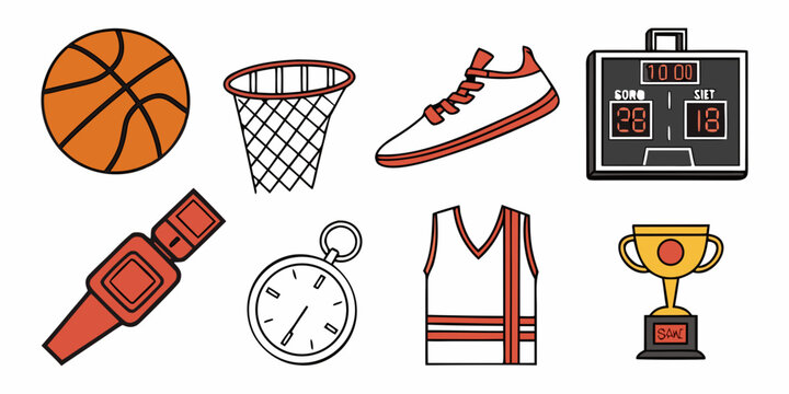 A collection of various sports equipment and memorabilia Vector
