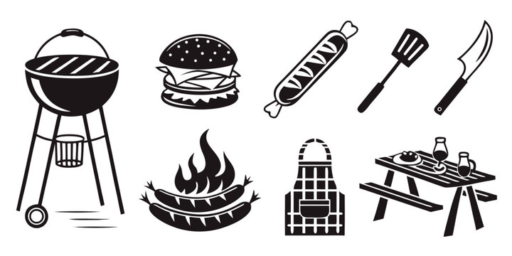 A variety of grills, tools, and cooking equipment for outdoor cooking Vector