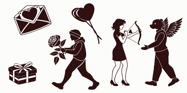 A heartwarming illustration of a man proposing to a woman with angels and gifts Vector