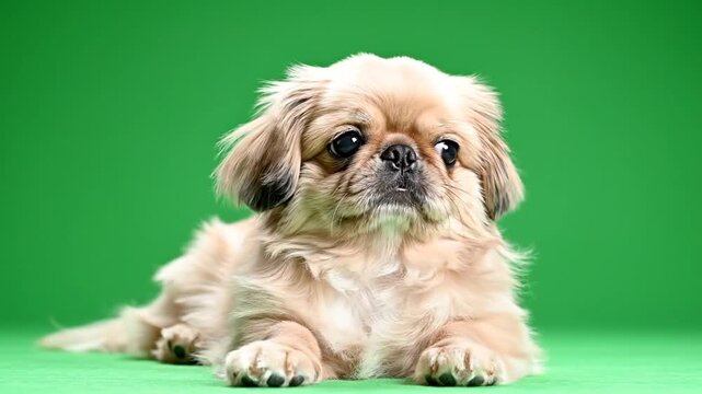 A small fluffy light brown dog with dark eyes lying on a green background.