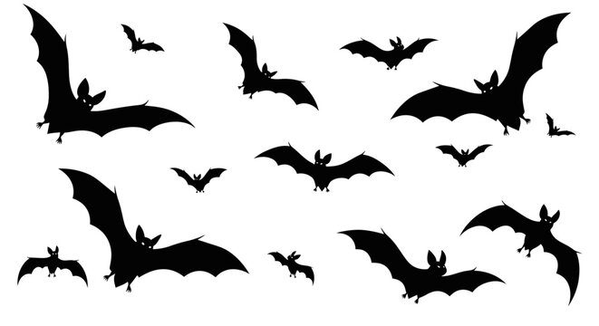 A collection of black bat silhouettes in various flying poses against a white background, creating a spooky Halloween theme.