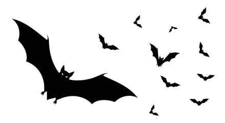 A large silhouette of a bat flies in front of a swarm of smaller bats against a white background. © Avoxel