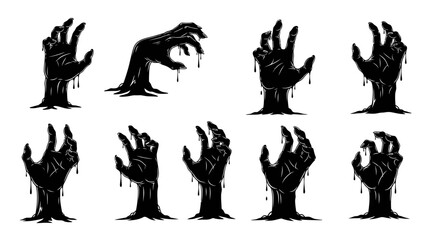 A collection of eight black silhouette illustrations of zombie hands emerging from the ground, dripping with a dark substance.