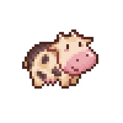 Fototapeta premium Cute spotted cow character in pixel art style. This 8-bit dairy cattle sprite features a pink snout and brown spots, perfect for farming simulator icons, game characters, and rural farm themes.