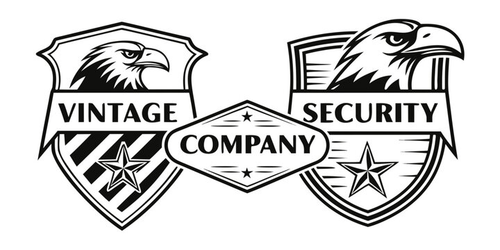 Vintage security company logo featuring two shields and a banner. Vector
