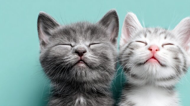 Two adorable kittens with closed eyes against a soft teal background