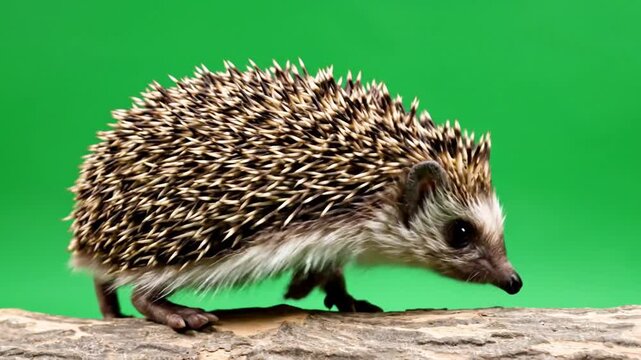A small hedgehog with spiky quills and a pointed snout stands on a textured wooden log against a vibrant green background.