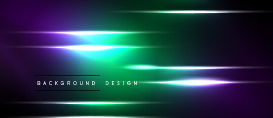 Obraz premium Abstract neon lights create vibrant gradient. Horizontal lines suggest speed, energy, modern aesthetic. Dark background emphasizes glowing elements.