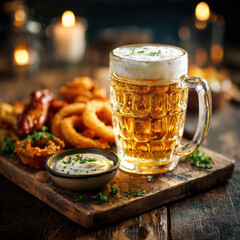 Beer and Bar Snacks on Rustic Table &ndash; AI Generative