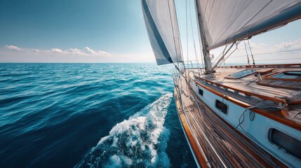 Fototapeta premium Sailing yacht cruising on the open ocean under a bright blue sky on a sunny day