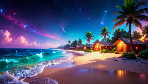 plage tropicale de nuit avec bungalows sous un ciel &eacute;toil&eacute; n&eacute;on
