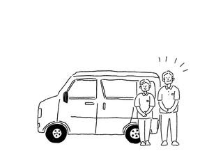 送迎車と介護スタッフ、線画