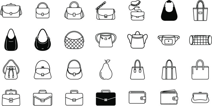 Handbag and bag outline icons vector set with purses backpacks briefcases and fashion accessories collection