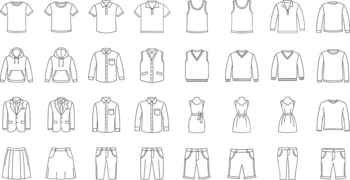 Clothing outline icons mega vector set with shirts jackets dresses pants and casual apparel line art