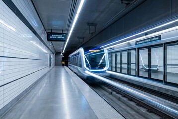 Obraz premium Modern automated train arriving at underground subway station platform