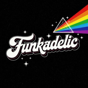 Funkadelic logo with prism and rainbow on black background