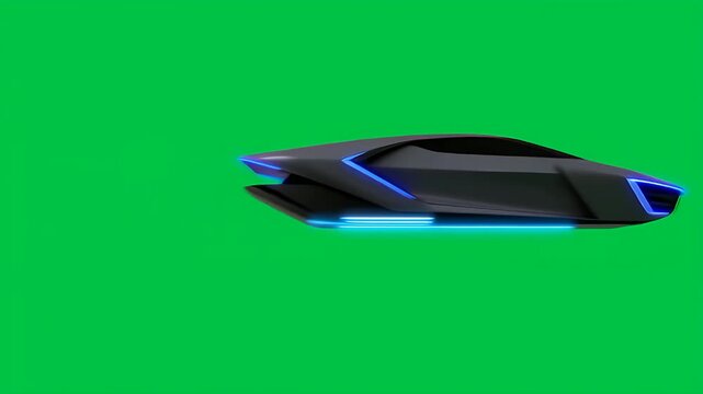 Futuristic Hovering Car with Blue Lights on Green Screen Background