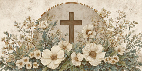Floral Wooden Cross Christian Art &ndash; Generative AI