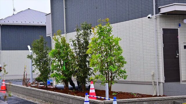 建築現場の植栽工事で働く人