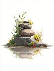 Zen Stones and Grass Watercolor Illustration &ndash; AI Generative