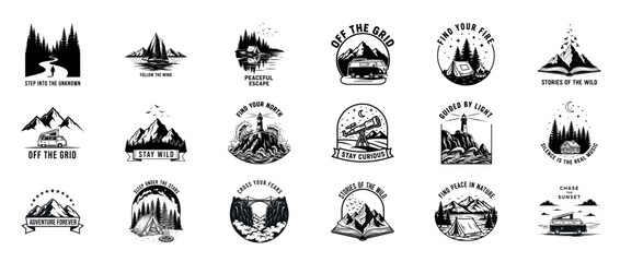 Adventure-themed black and white emblems featuring outdoor activities and nature scenes