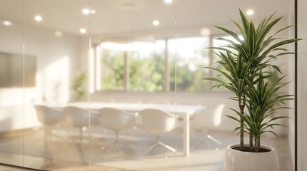Fototapeta premium A bright and modern meeting room with glass walls and a long table is bathed in natural sunlight, featuring a tall green potted plant in the foreground.