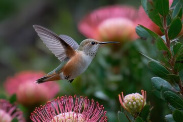 Fototapeta premium Hummingbird hovering near vibrant blooming flower